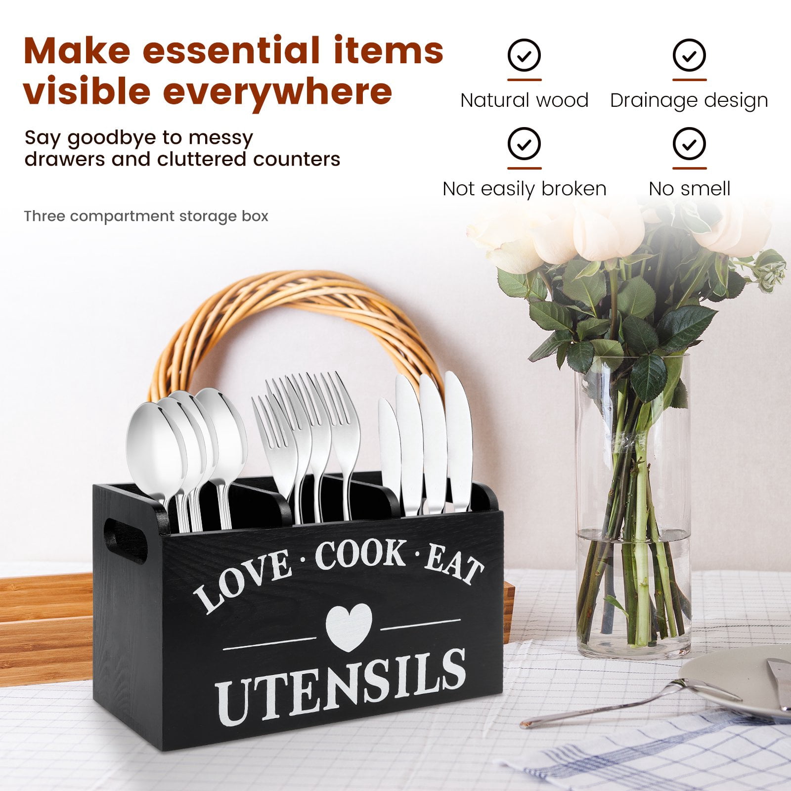 Wooden Utensil Holder for Kitchen Counter, Cooking Utensil Organizer with 3 Compartments, Adjustable Dividers Utensil Crock for Silverware Spoon Spatula