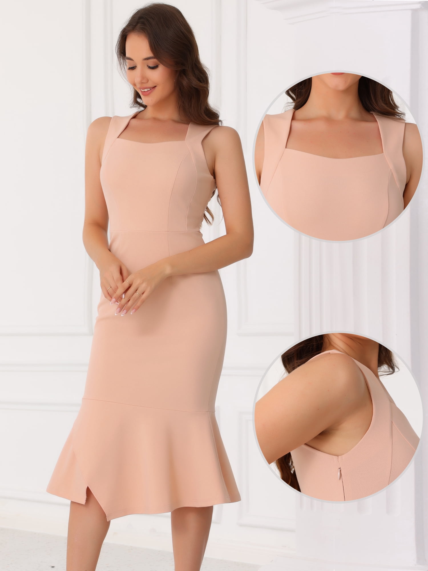 DARING DIVA Cocktail Neck Bodycon Fishtail Ruffles Dress S Pink