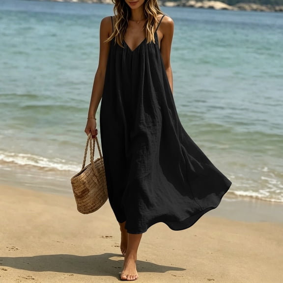 Uscallm Women Plus Size V Neck Sleeveless Boho Flowy Spaghetti Strap Maxi Dress Solid Casual Beach Vacation A-Line Long Dresses, Black L