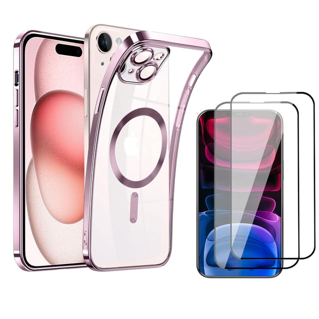 3 in 1 Magnetic Case for iPhone 15 Pro 6.1-Inch with 2 Pack Tempered Glass Screen Protectors, Compatible with , Shockproof Bumper Phone Cover (Rose Gold)