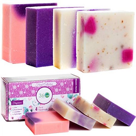 360Feel Floral Handmade Vegan, Biodegradable Soap Bar with Lavender, Lilac, Hydrangea, Petal Dance - 4 Count Pack