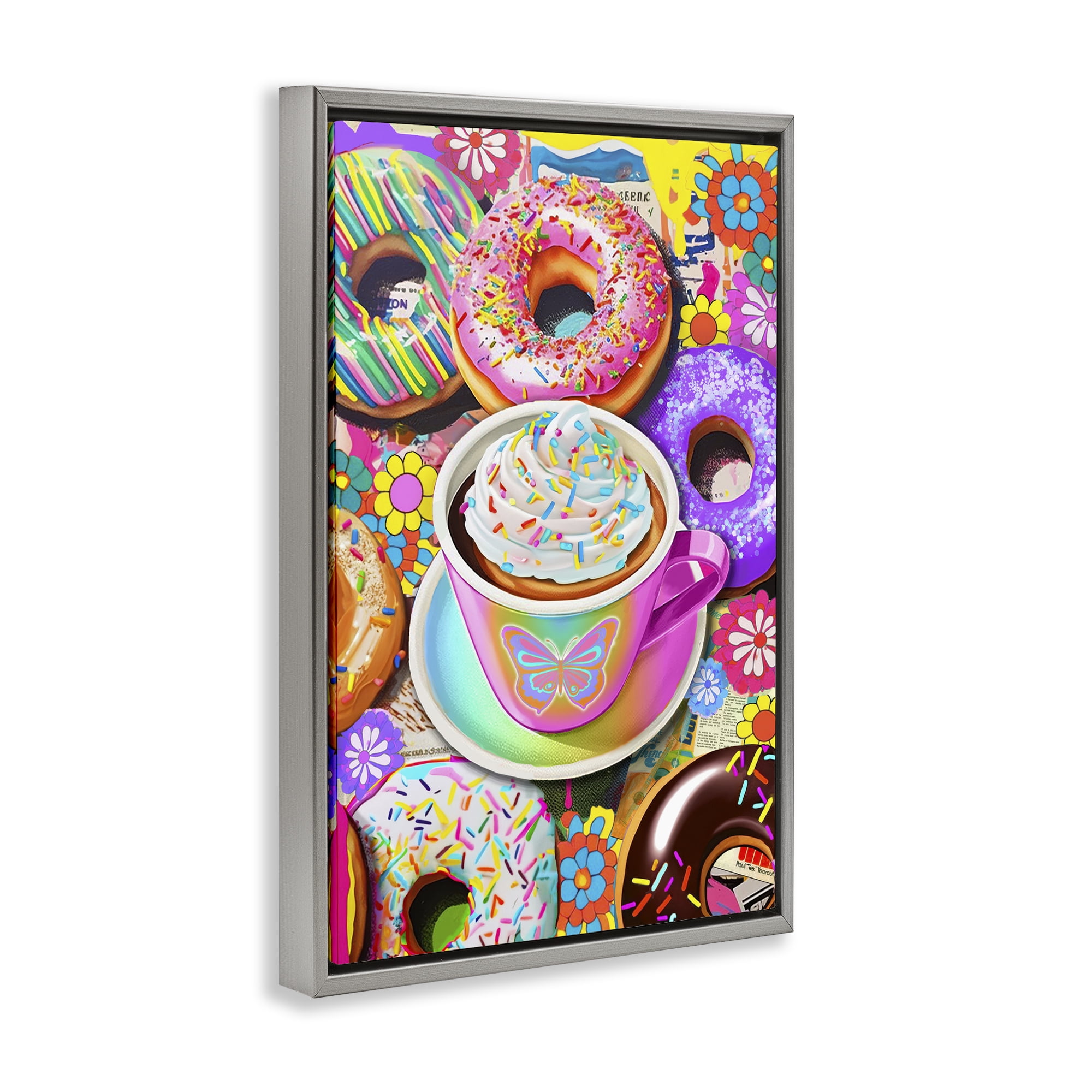 Stupell Industries Pastel Donuts & Coffee Mug Food & Beverage Painting Gray Floater Framed Canvas Art Print Wall Art, 17 x 25
