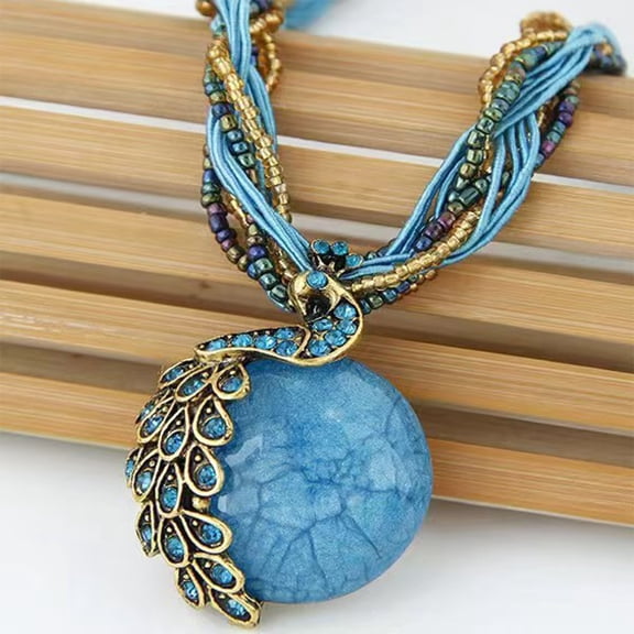 Womens Jewelry Bohemian Peacock Gemstone Temperament Women'S Retro Rice Bead Necklace Sweater Chain Ethnic Pendant Woven Rope Necklace for Women Halloween Costume Jewelry Accessories Dresses