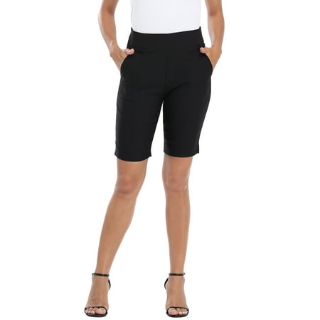 HDE Pull On Bermuda Shorts For Women Mid Rise 10" Inseam Shorts with Pockets Black - S