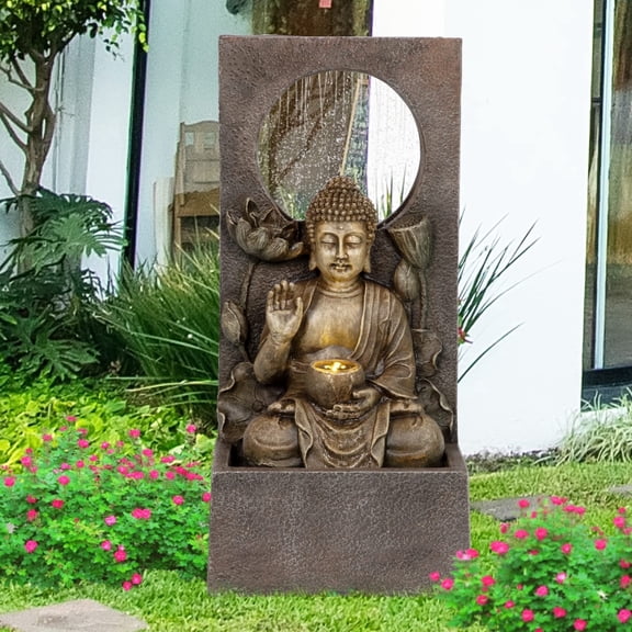 Ferrisland Buddha Waterfall Fountain Outdoor, Freestanding Relaxing Water Fountain, Asian Zen Fengshui Patio Garden Backyard Decking Home Decor, Gift Ideas (Gold, 27.6" H)