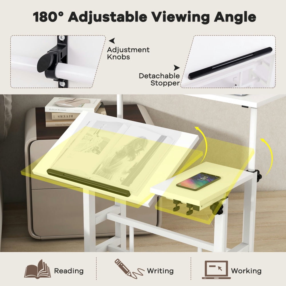 Kadyn Laptop Tables,Printer Stands,Mobile Stand-up Computer Desk Adjustable with 2 Tilting Desktops-White