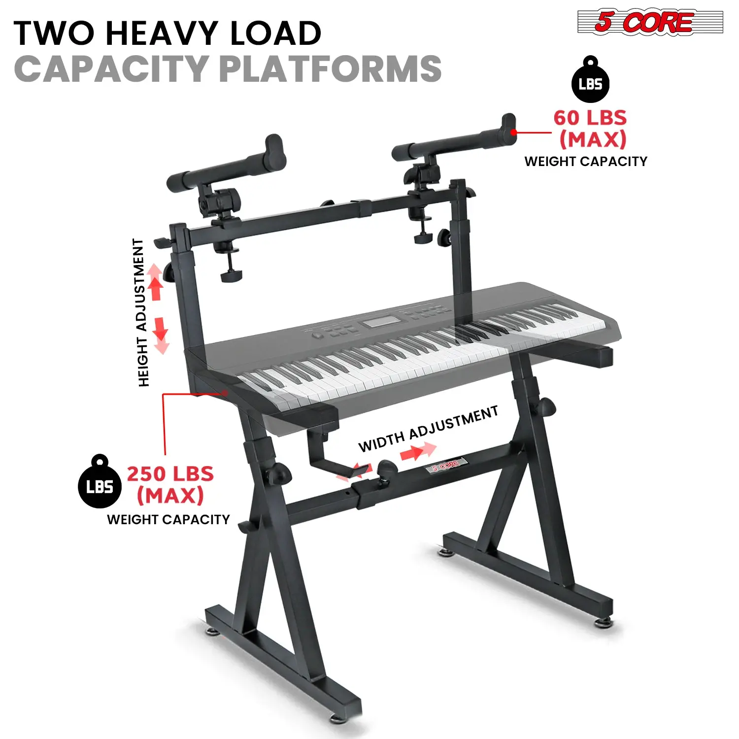 5 CORE Adjustable 2-Tier Keyboard Stand, Z-Style, Heavy Duty, Foldable, For 54-88 Key Instruments