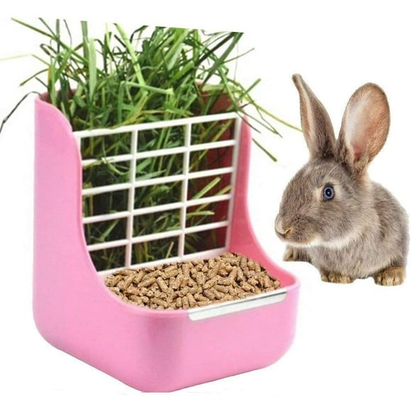 Rabbit Feeder Bunny Guinea Pig Hay Feeder, Hay Food Bin Feeder, Hay and Food Feeder Bowls Manger Rack for Rabbit Guinea Pig Chinchilla and Other Small Animals (Pink)