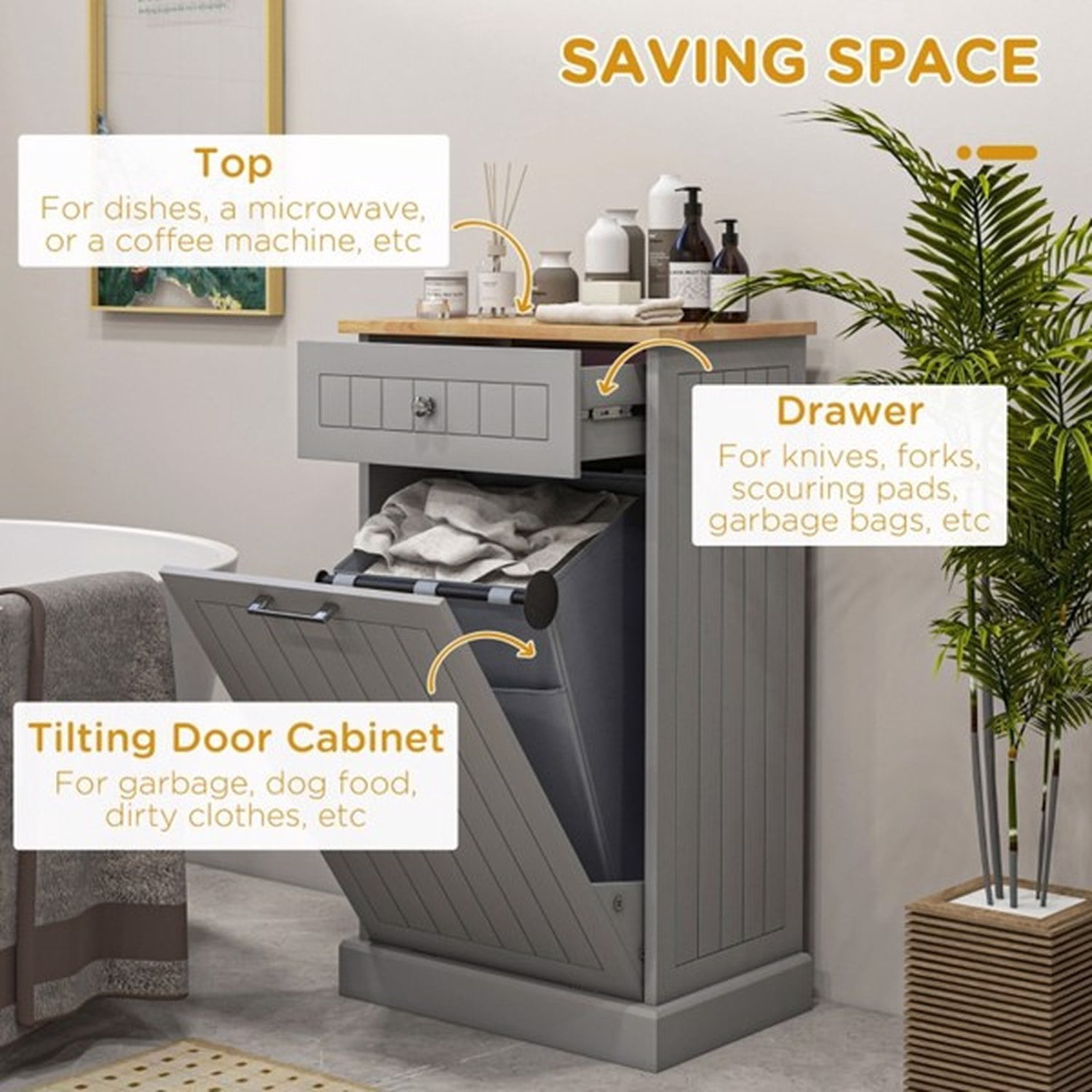 Tilt Out Trash Bin Cabinet with Drawer, Freestanding Kitchen Recycling Cabinet, MDF and Wood, 20 in Wide, 35.5 in High, Holds 88 lb