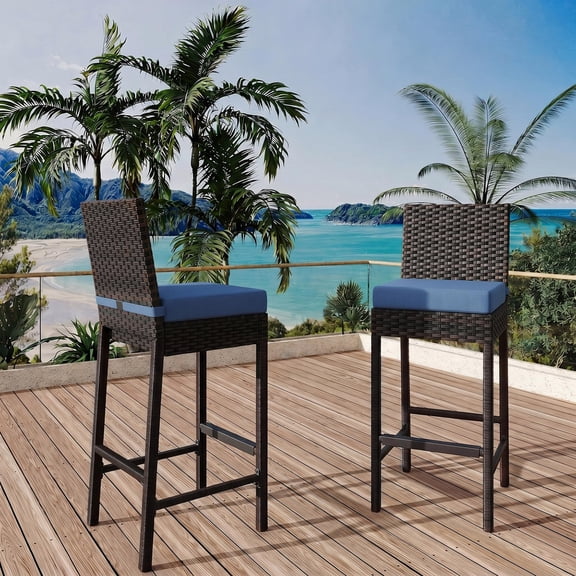 Set of 2 Outdoor Wicker Patio Bar Stools, Weather-Resistant Wicker forfor Backyard or Poolside, 400 LBS Capacity