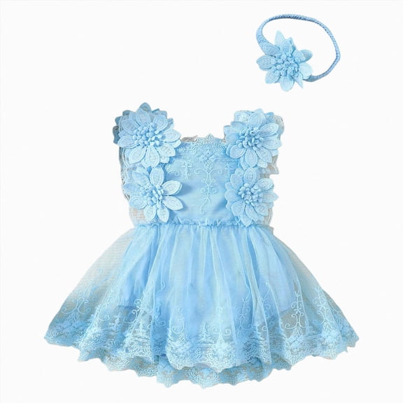 Ulanda Infant Newborn Baby Girl Lace Romper Tulle Dress Floral Outfits Summer Toddler Wedding Dress with Headband (Sky Blue, 0-3 Months)