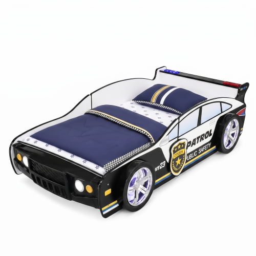 Supreme Energy Twin Size Kids Racing Car Bed with LED Wheel Lights and Headlight Accents, Floor Bed Frame with Full-Length Guardrail and Wood Slats