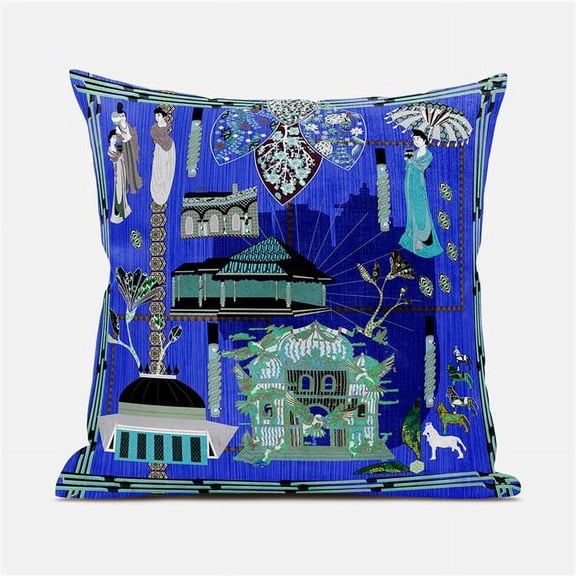 City Palace Indoor/Outdoor Pillow with Removable Cover in Blue Green Black16x16