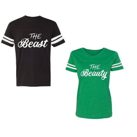 

The Beast The Beauty Unisex Couple Matching Cotton Jersey style T-Shirt Contrasting stripes on sleeves (Men Black / Women Green) (Men S / Women XL)