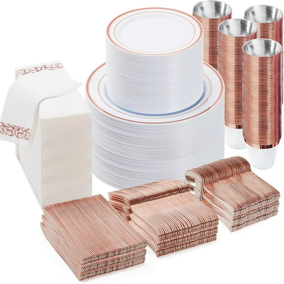 700PCS Rose Gold Disposable Dinnerware Set for 100 Guests, Plastic Plates for Party, Wedding, Include: 200 Plastic Plates, 100 Gold   lverware, 100 C  s, 100 Napkins