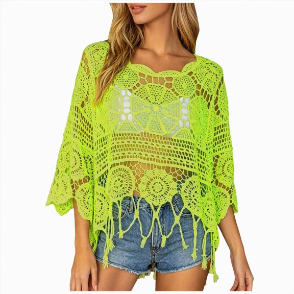UOCUFY Women Plain Fringe Cut Out Sheer Knit Crochet Cover Up Three Quarter Sleeve Hollow Out Sweater Shirts Swimsuit Coverups Wear (Light Green, S)