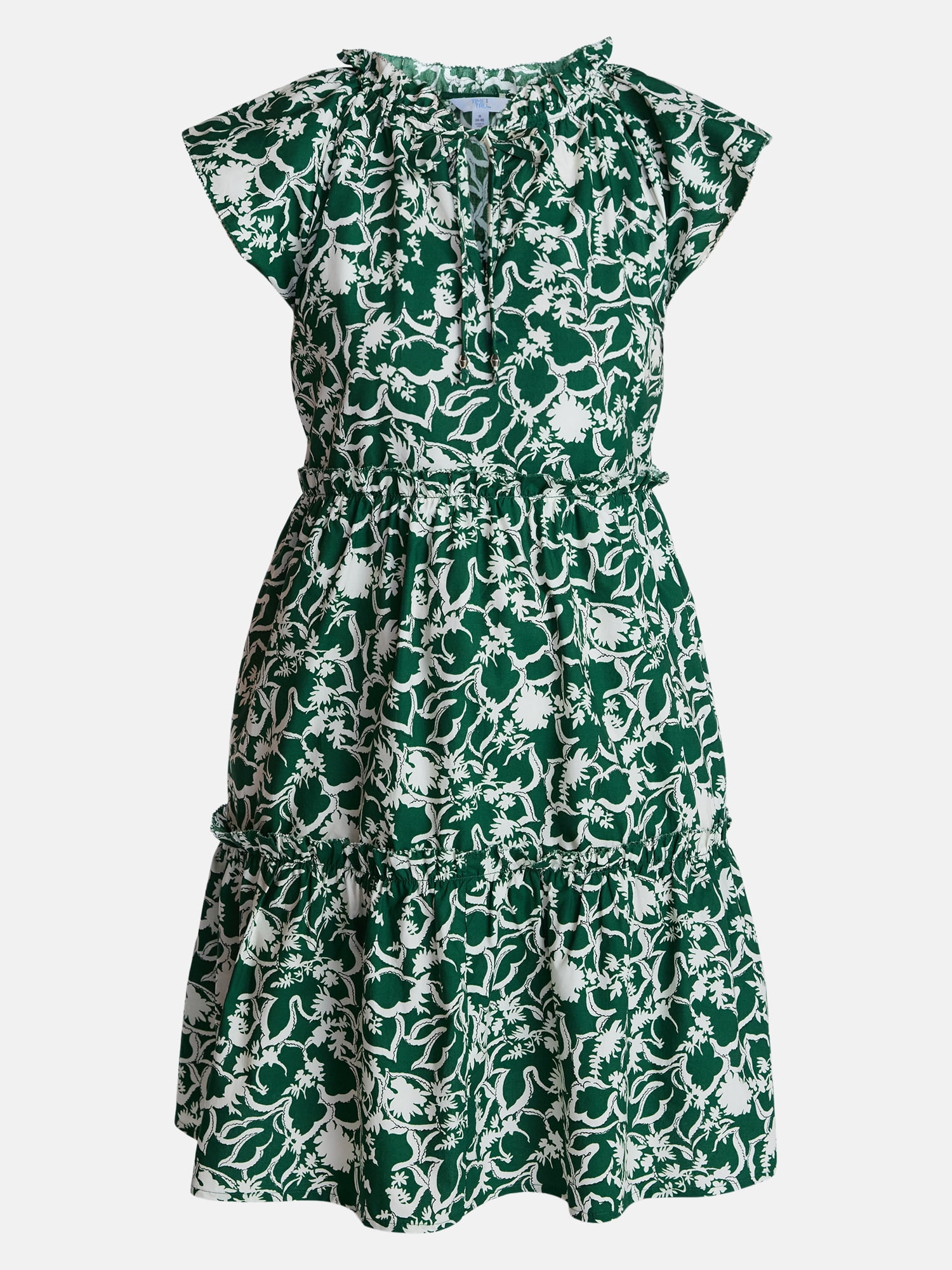 Time and Tru Women's and Women's Plus Tiered Cotton Mini Dress with Flutter Sleeves, Sizes XS-4X