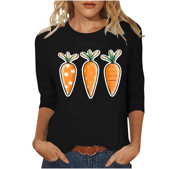 Hauts de Printemps pour Femmes 2025 Printemps/été Imprimé de Pâques Manches 3/4 Col Rond Blouse Décontractée