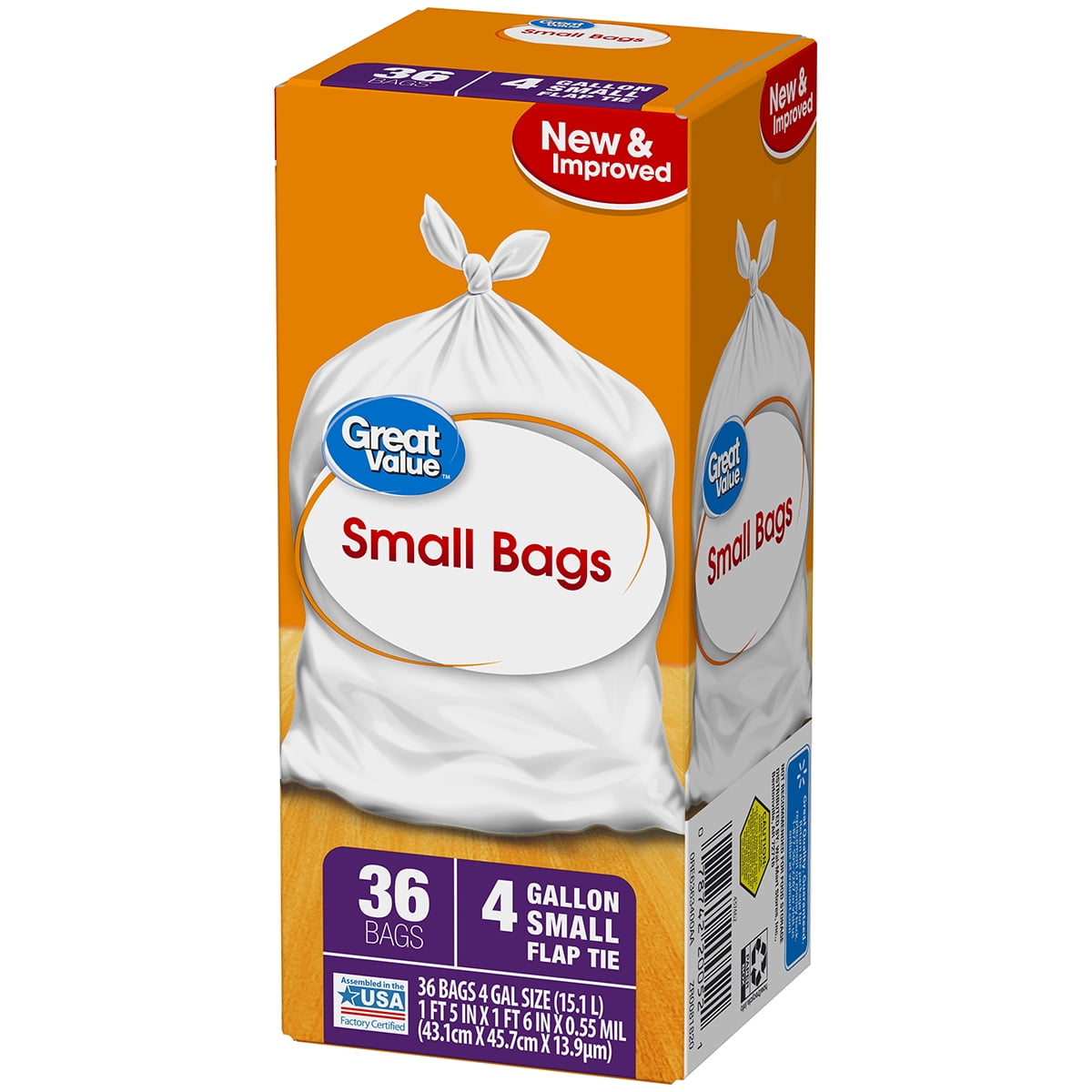 Great Value Small Kitchen Flap Tie Trash Bags, 4 Gallon, 36 Count