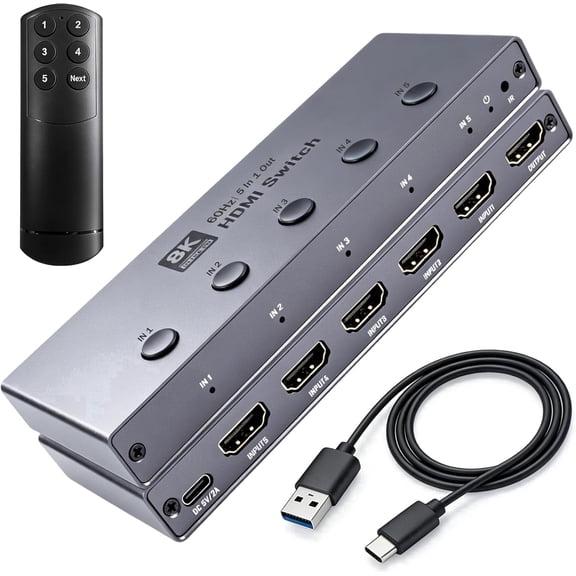 5-Port HDMI 2.1 Switch 5 in 1 Out with Remote, 8K@60Hz 4K@120Hz HDMI Switcher, 48Gbps High-Speed HDMI Selector, HDR10 HDCP 2.3 Auto Switching Compatible with PS5 Xbox Series X TV Projector