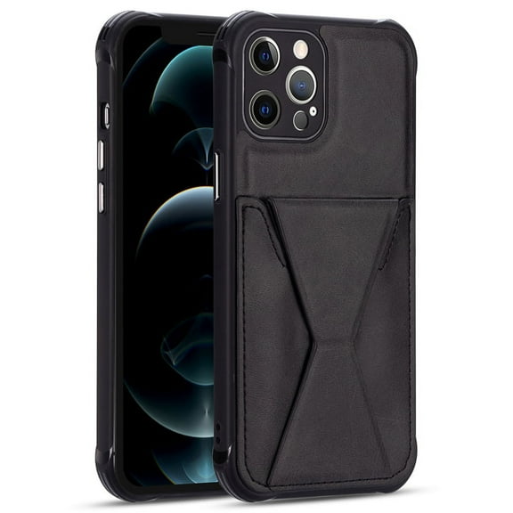 iPhone 13 Pro Max Case 6.7", Magnetic Wallet Flip Kickstand PU Leather Anti-Slip Back Cover with Card Slots Holder, Black