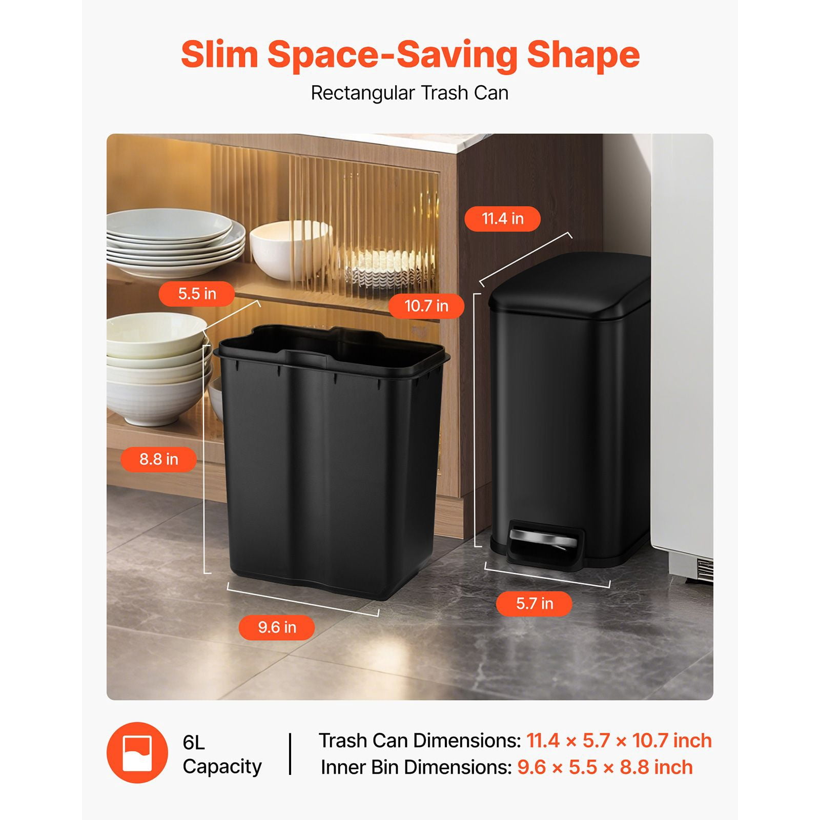 Bathroom Trash Can 6L Slim Design Silent Lid Foot Pedal Detachable Inner Bin Odor-Resistant for Bathroom Kitchen Office