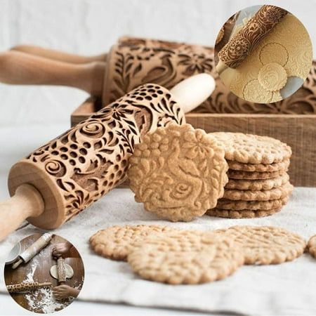 Christmas Wooden Rolling Pins Engraved Embossing Rolling Pin with Christmas Symbols for Baking Embossed