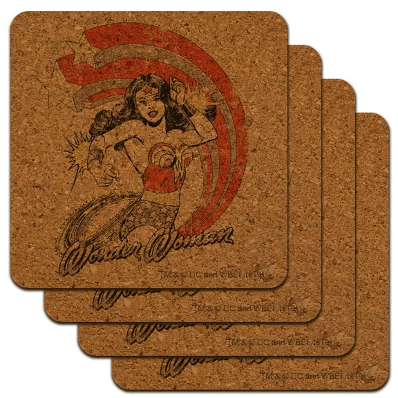 Wonder Woman Deflecting with Bracelets Low Profile Novelty Cork Coaster Set