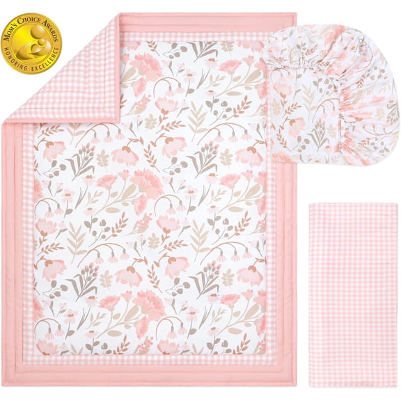 Whimsical Floral 3 Piece Baby Crib Bedding Set for Girls, Pink Botanical Nursery Decor, Reversible Comforter