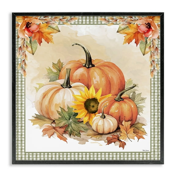 Stupell Industries Autumn Pumpkins Floral Border Botanical & Floral Painting Black Framed Art Prints Wall Art, 12 x 12