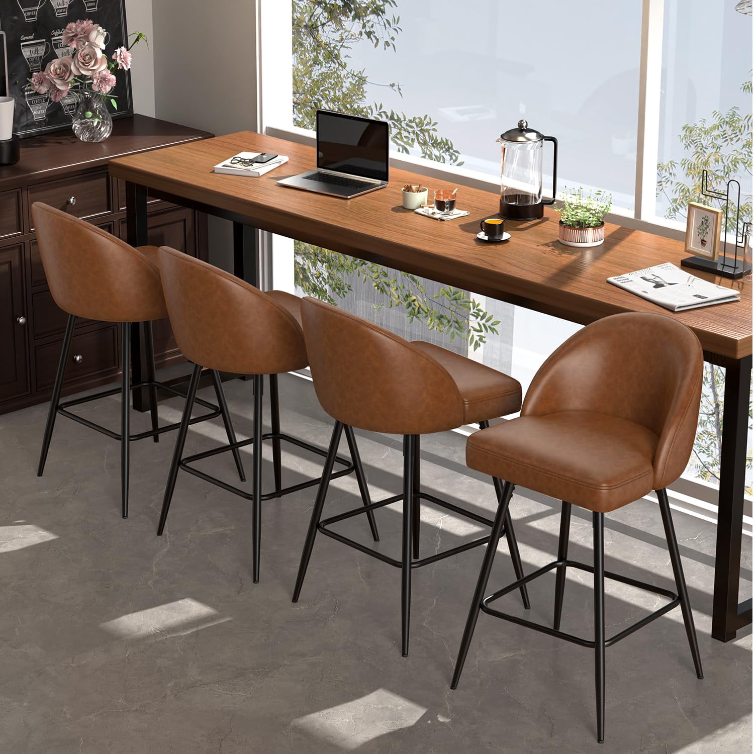 JULY'S SONG Counter Height Bar Stools with Back Sets of 4, 360°Swivel Upholstered Barstools with Metal Legs, 27" Seat Height Bar Stool for Kitchen Island, Faux Leather in Brown