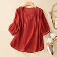 thumbnail image 2 of HXWCHs Womens Relaxed Fit Solid T Shirt Summer Linen Shirt Loose Fit Embroidered top with Decorative toggle Button Closure Casual Plus Size Blouse L Red, 2 of 3