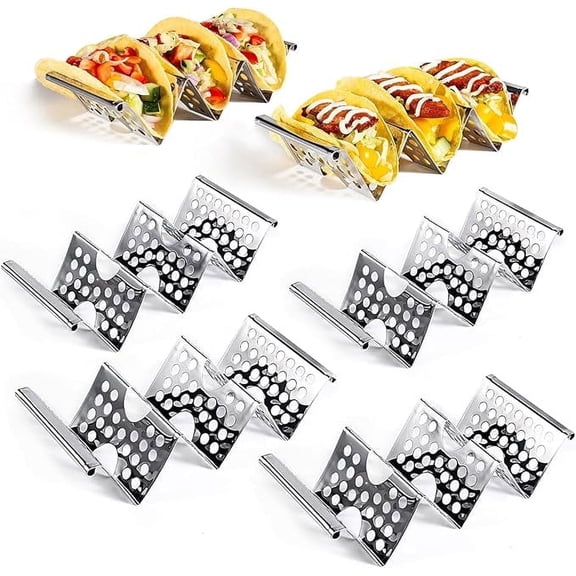Taco Rack Set of 4, Perforated Stainless Steel with Easy-Access Handles, Oven, Grill & Air Fryer Safe, Holds 2-3 Tacos Each