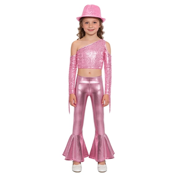 Haitryli Kids Girls Street Hip Hop Jazz Dance Outfit Sequin Tassel Crop Top And Metallic Bell Bottom Pants And Hat Set Pink 16