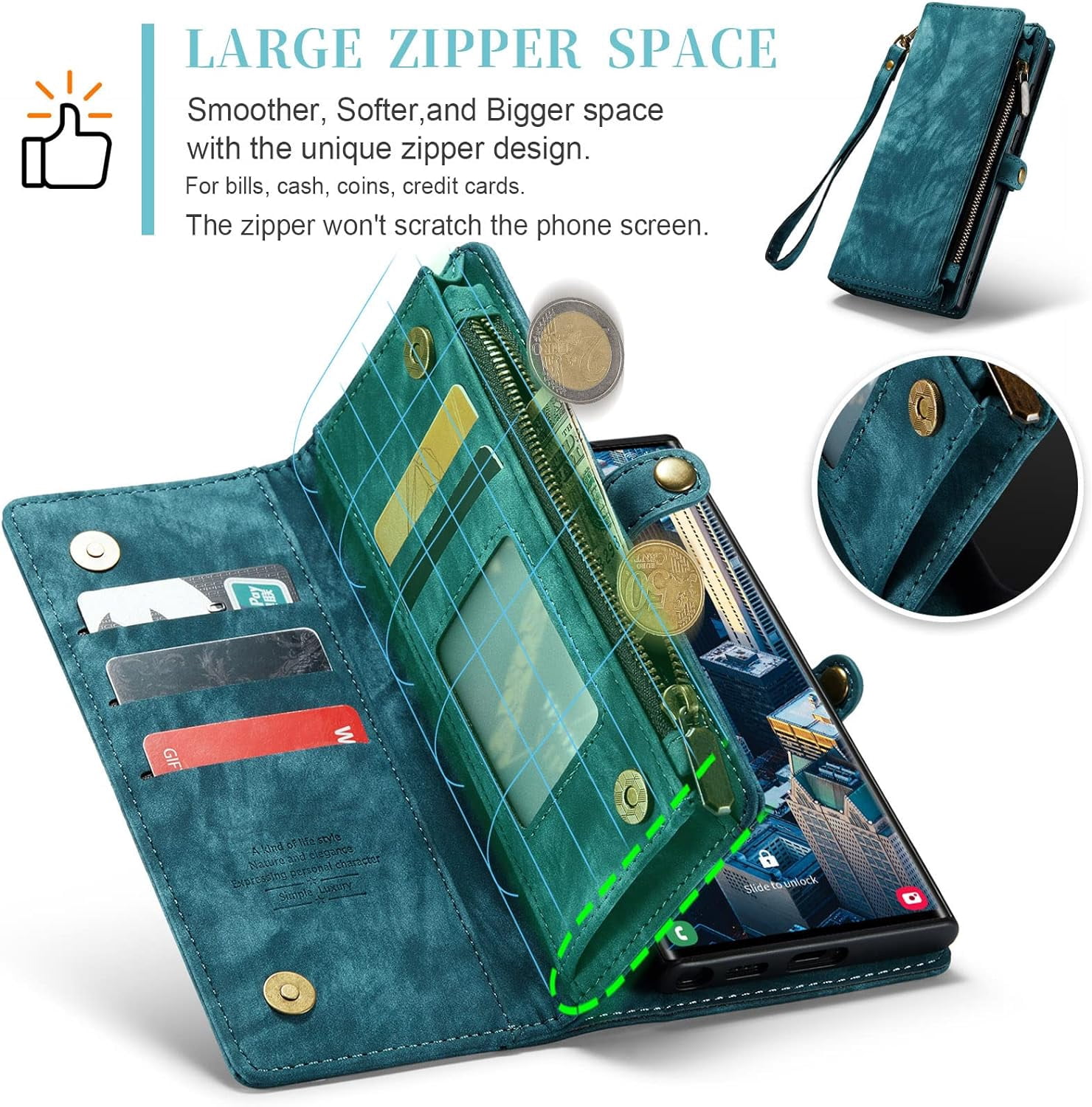 Phone Case for Samsung Galaxy S23 Ultra 5G Zipper Wallet Detachable Cover with Leather Flip Credit Cash Card Holder Mobile Cell Accessories S23Ultra 23S S 23 23Ultra 6.8 inch Women Men Blue