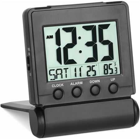 Small Folding Digital Travel with Day/Month/Date/Indoor Temperature,Easy to Read and Set,High/Low Alarm Volume,9 Min Snooze,Backlight on Demand,Bedside Calendar ,Black