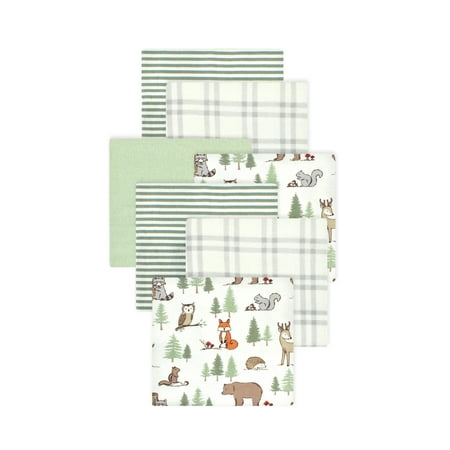 Little Treasure Hudson Baby Boys Cotton Poly Flannel Receiving Blankets 7-Pack, Green Forest Animals, 30x30 inches