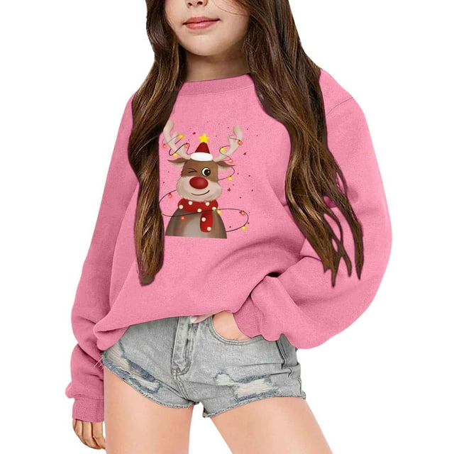 SNPOSN Chandail Léger pour Enfants, Chandail à Capuche pour Filles, Chandail d'Hiver à Manches Longues, Col Rond, Imprimé de Noël, Chandail Confortable et Chaud pour Enfants, Rose, 6-7 Ans