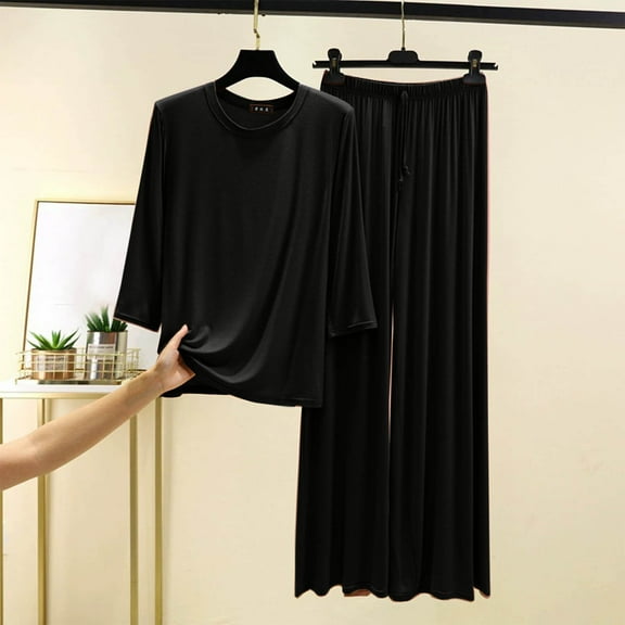 YanHoo Womens Pajamas Set 2 Piece Outfits Lounge Set Casual Loose Fit 3/4 Sleeve Tops and Wide Leg Pants Sleepwear