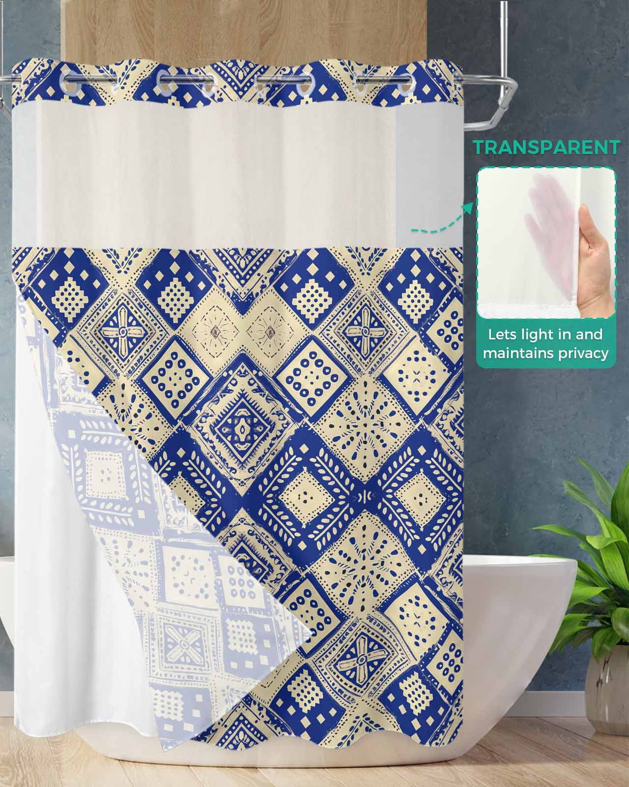 No Hook Shower Curtain with Snap in Liner, Boho Blue Watercolor Flower Rhombus Polka Dot Hotel Shower Curtains for Bathroom, Washable Shower Curtain Liner Set with Mesh Top Window, 60"x72"