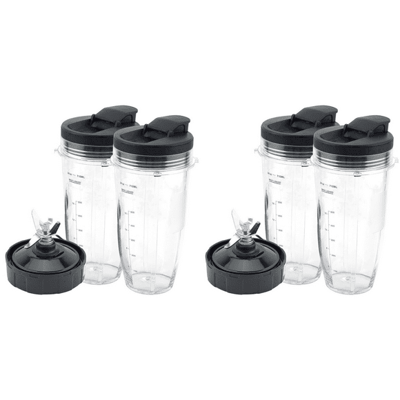 Blender Replacement Parts for Ninja, 4 24Oz Cups with To-Go Lids, 7 Fins Extractor Blade, for Auto IQ