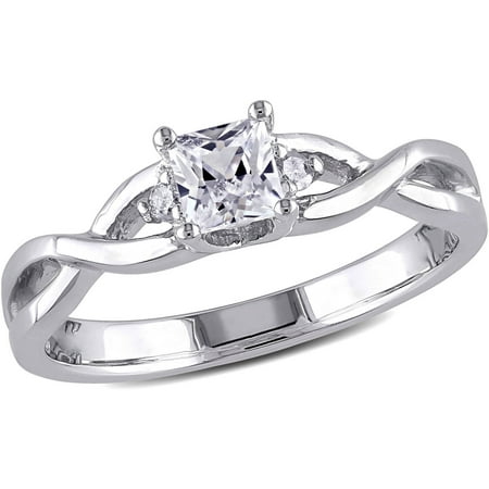 3/8 Carat T.G.W. Princess-Cut Created White Sapphire and Diamond-Accent Sterling Silver Cross-Over Engagement (Best Diamond Alternative Engagement Ring)