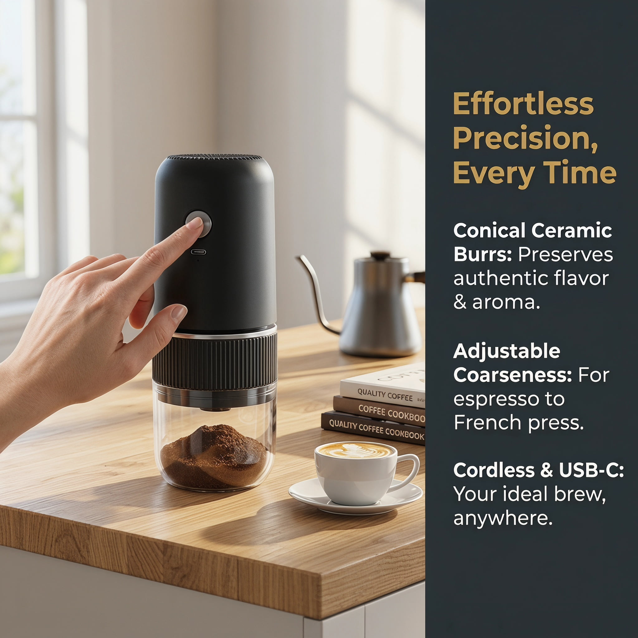 Electric Coffee Bean Grinder with Adjustable Coarseness, Portable Cordless Conical Burr Mill, USB-C Rechargeable Small Automatic Grinder for Espresso, Pour Over & French Press, Obsidian Matte