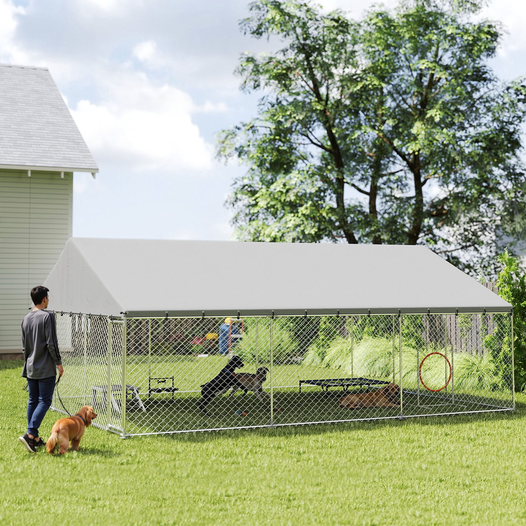 Dranite Outdoor Dog Kennel, 20' x 15' x 8' Chain Link Dog Run with Waterproof Roof & 2 Secure Latches