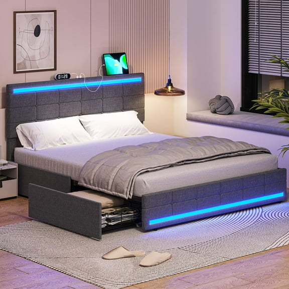 Full Size Bed Frame with 4 Storage Drawers and LED Lights Headboard Footboard, Upholstered Platform Bed Frame with USB Ports,Square Stitched Button Tufted Design, Dark Grey
