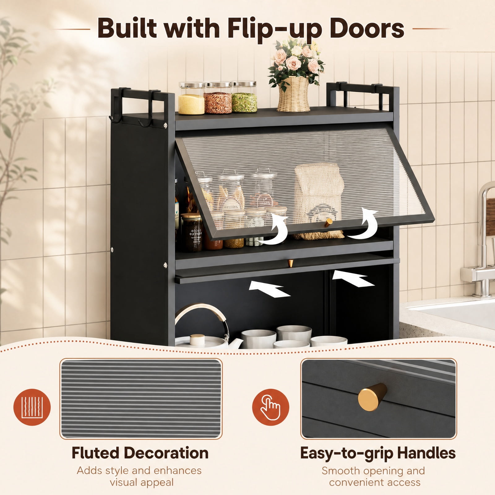Furnibear 5 Tier Kitchen Storage Cabinet with 4 Flip Up Doors Rolling Wheels and Hooks Tall Metal Pantry for Kitchen and Garage, Black