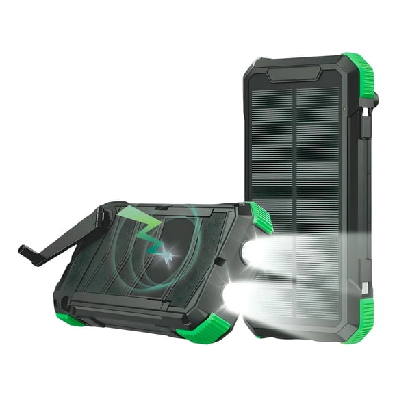 Mr. Gadgets Solar Blast Power Bank 20000 Mah Bateria Panel Solar De Carga Portatil Con Linterna, Manivela De Emergencia, Carga Inalambrica, Color Negro Con Verde.