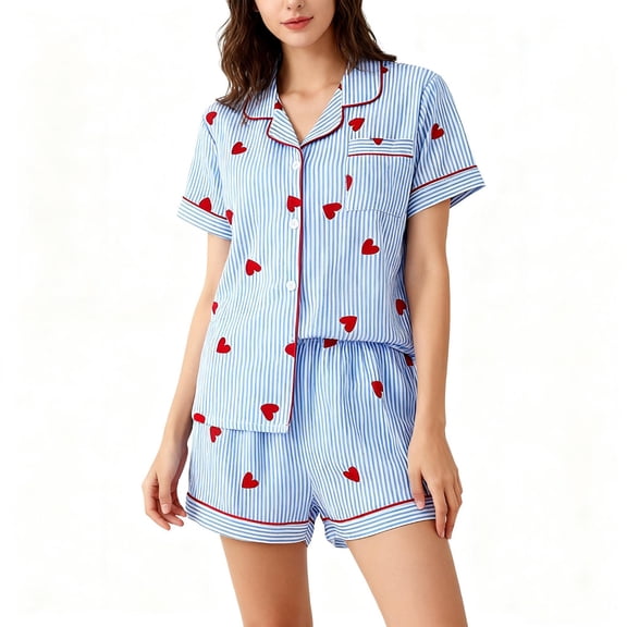 Vetsdori Heart Print PJ Sets for Women Casual Button up Homewear 2 Pieces Short Sleeve,Shorts & Top Soft Loungewear Summer Womens Pajamas Sleepwear