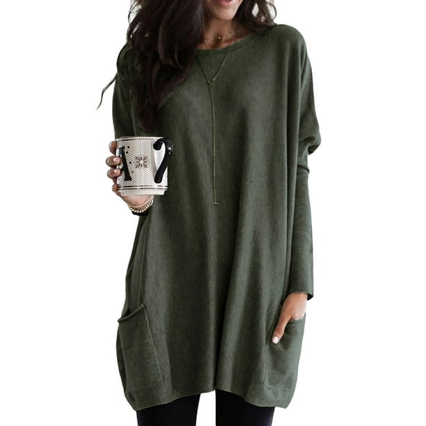 Plus Size Women Casual Solid Color Long Sleeve Round Neck Pocket T