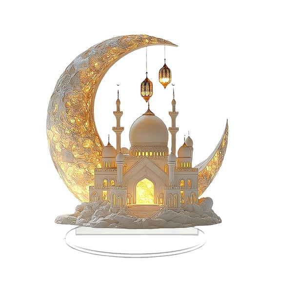 Ramadan Decorations for Home, Ramadan Gifts for Kids, Table Decor, Acrylic Desktop 2D Spray Painted Acrylic Crescent and White Palace Design (F)
